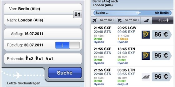 Billigflüge buchen mit der kostenlosen App Skyscanner für iPhone und iPod Touch
