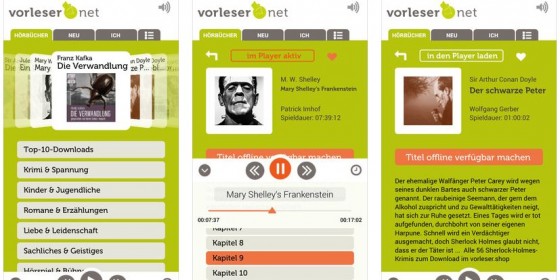 Mit der App Vorleser.net stehen Dir viele Hörspiele und Hörbücher kostenlos zum Anhören zur Verfügung. Mit der recht günstigen Pro-Version kann man die Bücher und Hörspiele auch runterladen und offline hören.